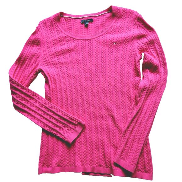 TOMMY HILFIGER Logo Sweater L Cable Knit Pullover Pink Preppy Yacht Golf Tennis - Picture 1 of 5